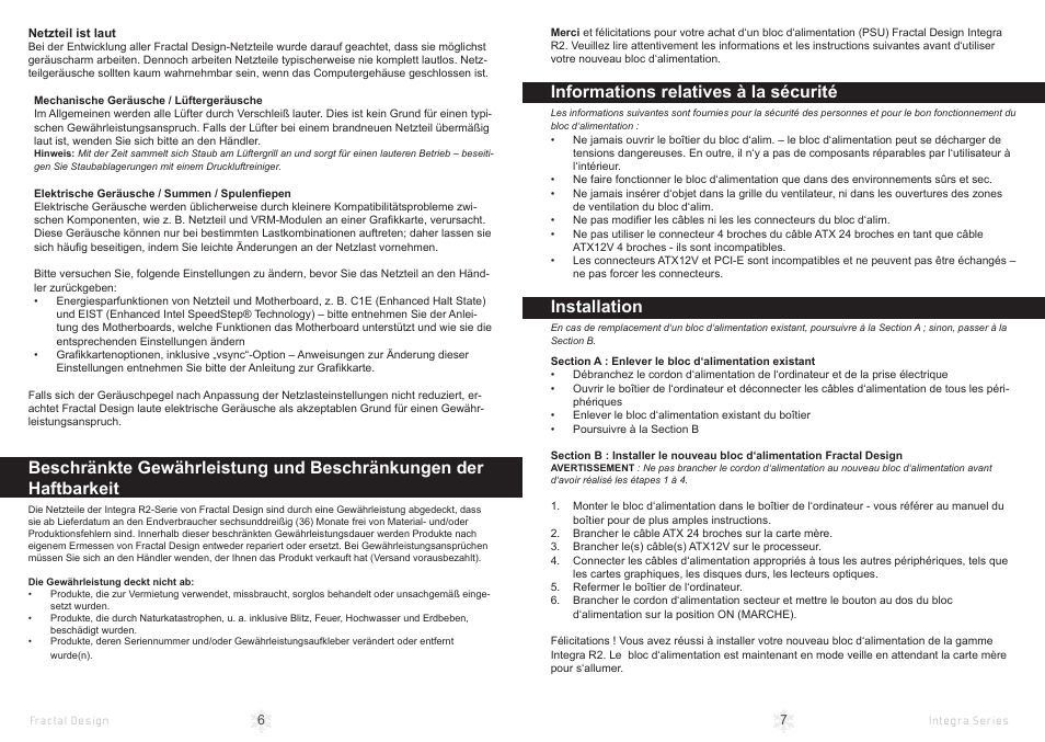 Informations relatives à la sécurité, Installation | Fractal Design Integra R2 750W User Manual | Page 6 / 15