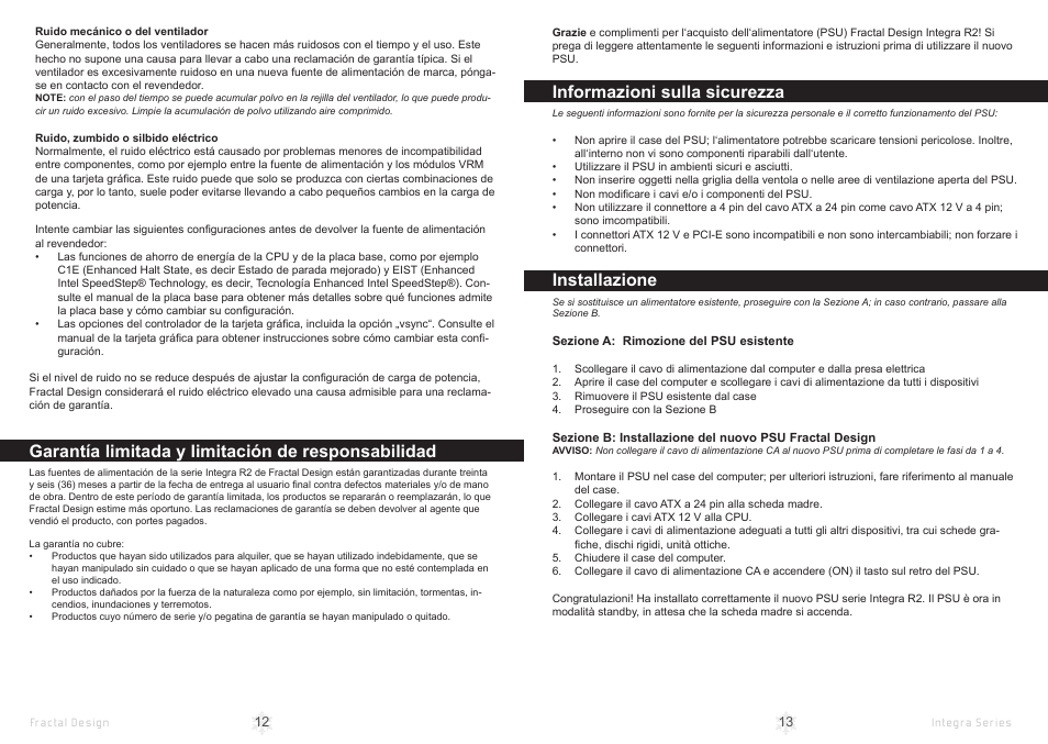 Garantía limitada y limitación de responsabilidad, Informazioni sulla sicurezza, Installazione | Fractal Design Integra R2 750W User Manual | Page 9 / 15