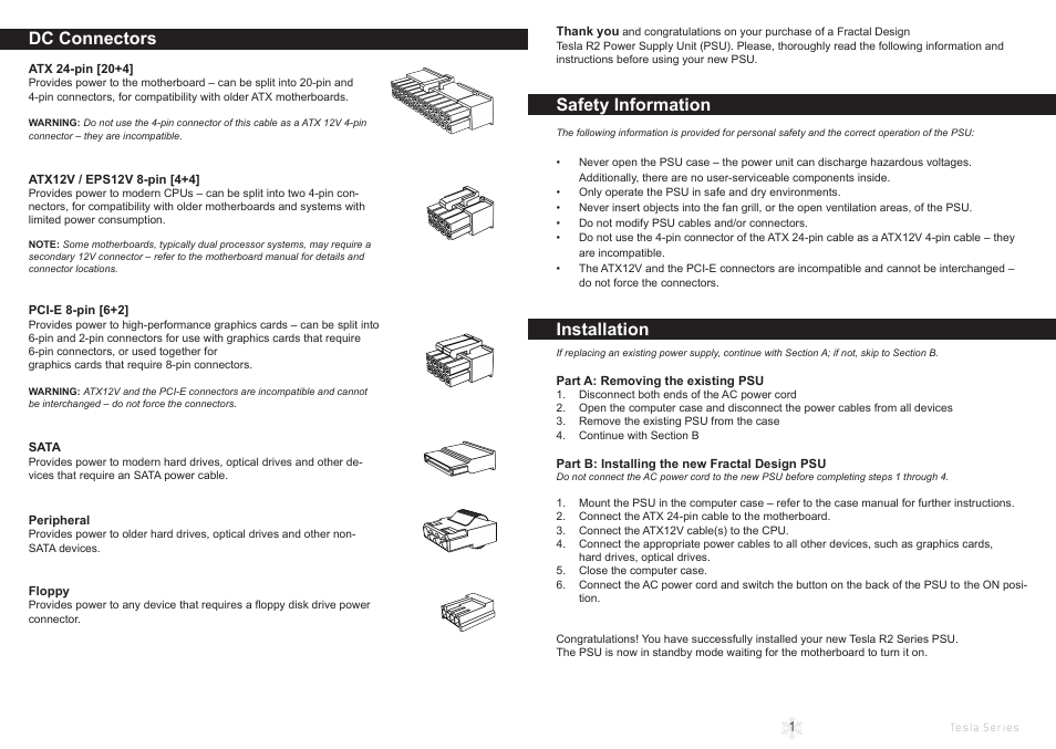 Dc connectors, Safety information, Installation | Fractal Design Tesla R2 1000W User Manual | Page 3 / 15