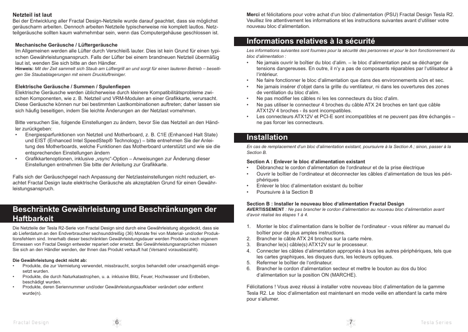 Informations relatives à la sécurité, Installation | Fractal Design Tesla R2 1000W User Manual | Page 6 / 15