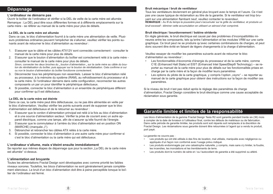 Dépannage, Garantie limitée et limites de la responsabilité | Fractal Design Tesla R2 1000W User Manual | Page 7 / 15