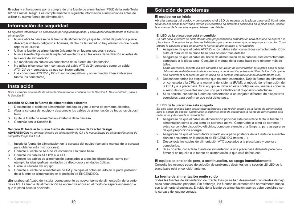 Información de seguridad, Instalación, Solución de problemas | Fractal Design Tesla R2 1000W User Manual | Page 8 / 15