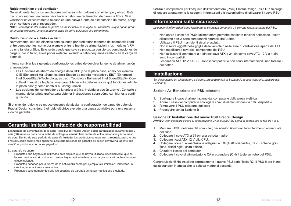 Garantía limitada y limitación de responsabilidad, Informazioni sulla sicurezza, Installazione | Fractal Design Tesla R2 1000W User Manual | Page 9 / 15