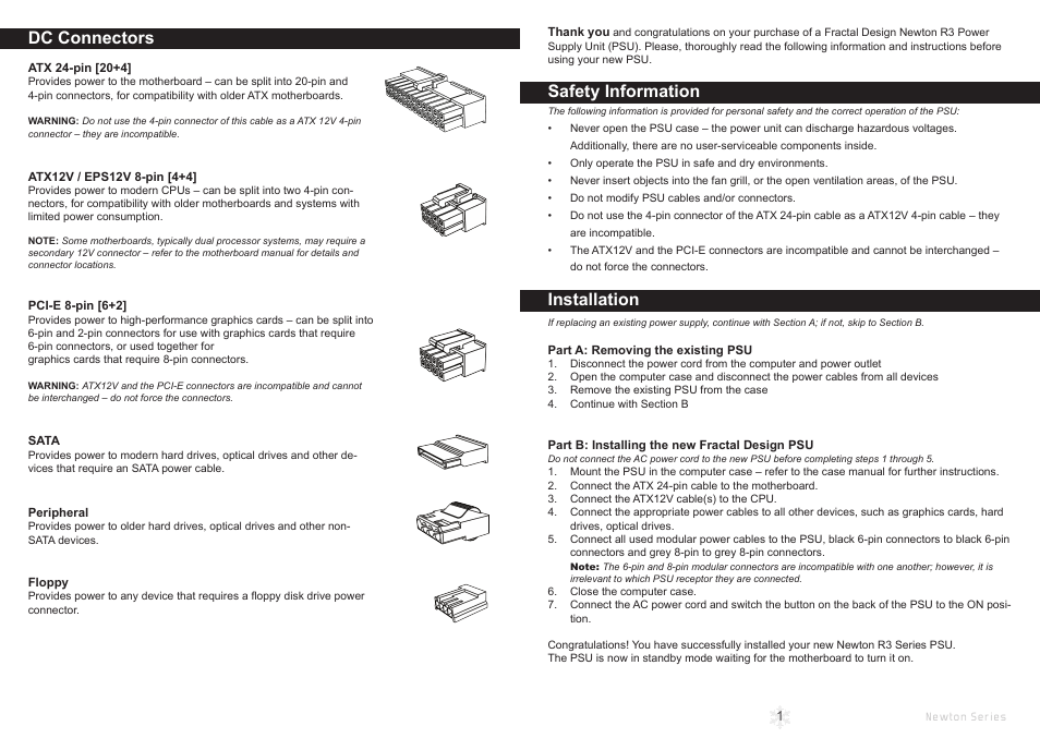Dc connectors, Safety information, Installation | Fractal Design Newton R3 1000W White User Manual | Page 3 / 15