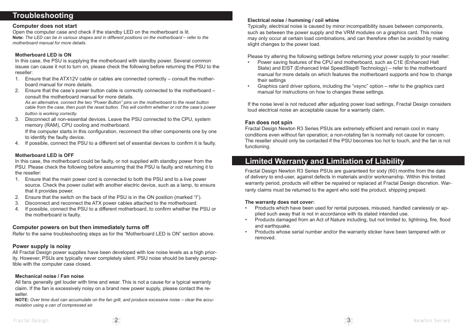 Troubleshooting, Limited warranty and limitation of liability | Fractal Design Newton R3 1000W White User Manual | Page 4 / 15