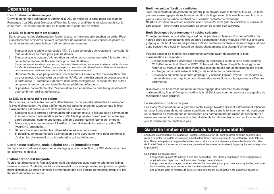 Dépannage, Garantie limitée et limites de la responsabilité | Fractal Design Newton R3 1000W White User Manual | Page 7 / 15