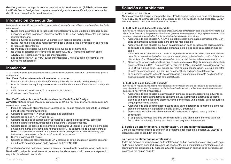 Información de seguridad, Instalación, Solución de problemas | Fractal Design Newton R3 1000W White User Manual | Page 8 / 15
