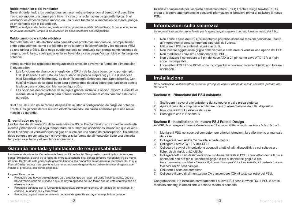 Garantía limitada y limitación de responsabilidad, Informazioni sulla sicurezza, Installazione | Fractal Design Newton R3 1000W White User Manual | Page 9 / 15
