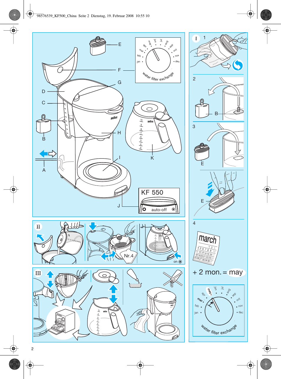 March, 2 mon. = may, Kf 550 | Nr.4 auto-off, Wate r filter excha ng e | Braun CafHouse KF 500 User Manual | Page 2 / 6