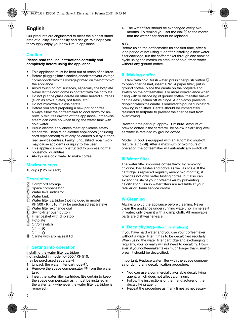 English | Braun CafHouse KF 500 User Manual | Page 5 / 6