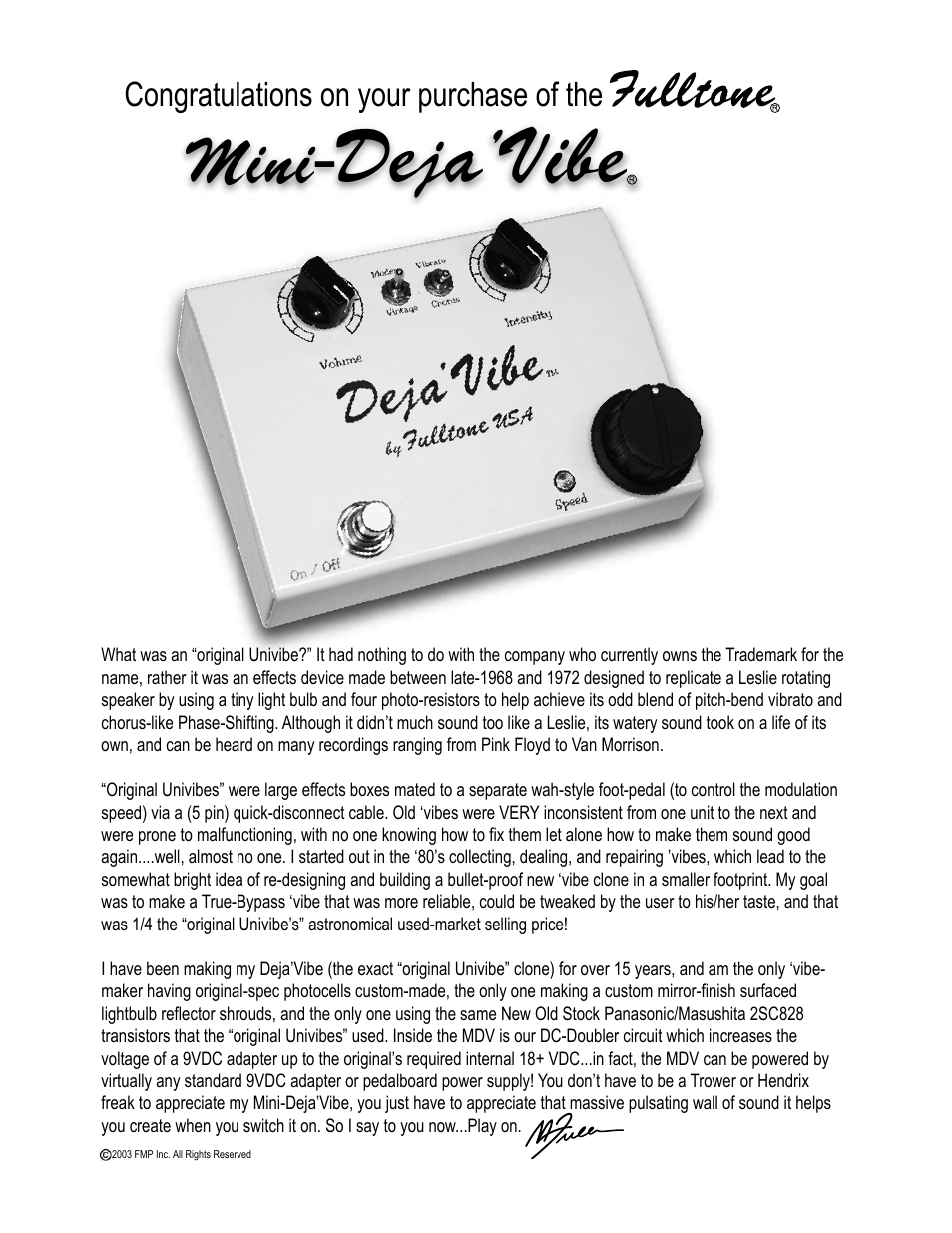 Fulltone Mini-DejáVibe User Manual | 2 pages
