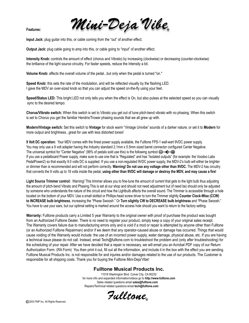 Mini-deja’vibe | Fulltone Mini-DejáVibe User Manual | Page 2 / 2