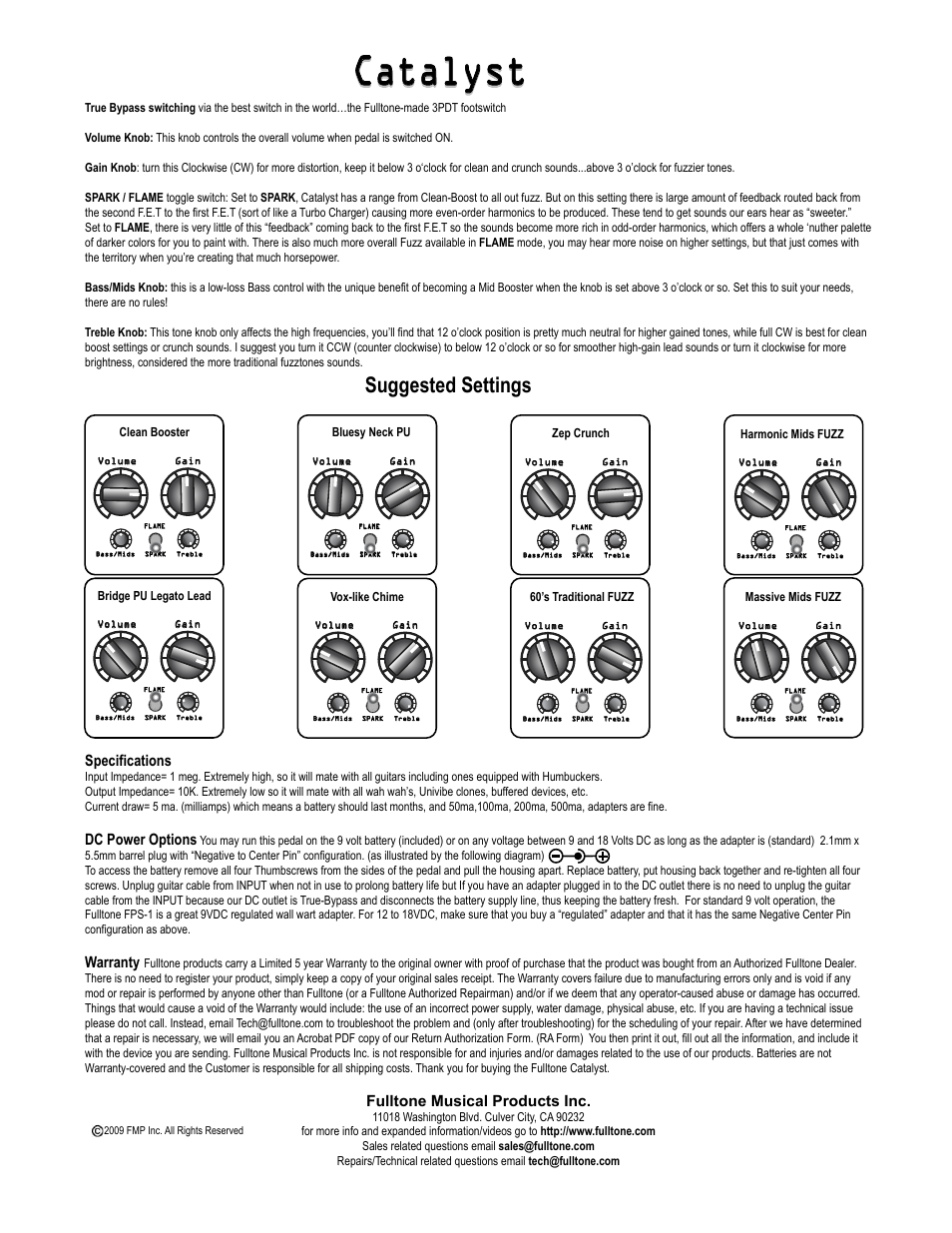 Catalyst, Suggested settings, Specifications | Dc power options, Warranty, Fulltone musical products inc | Fulltone Catalyst User Manual | Page 2 / 2