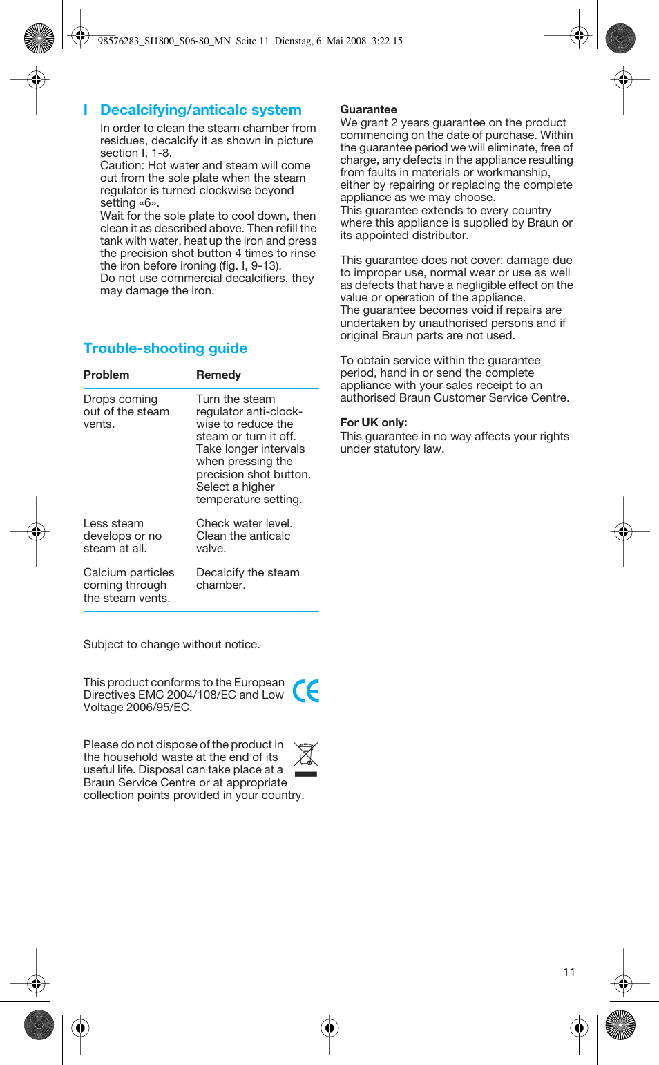 I decalcifying/anticalc system, Trouble-shooting guide | Braun TexStyle SI 18.896 User Manual | Page 11 / 77