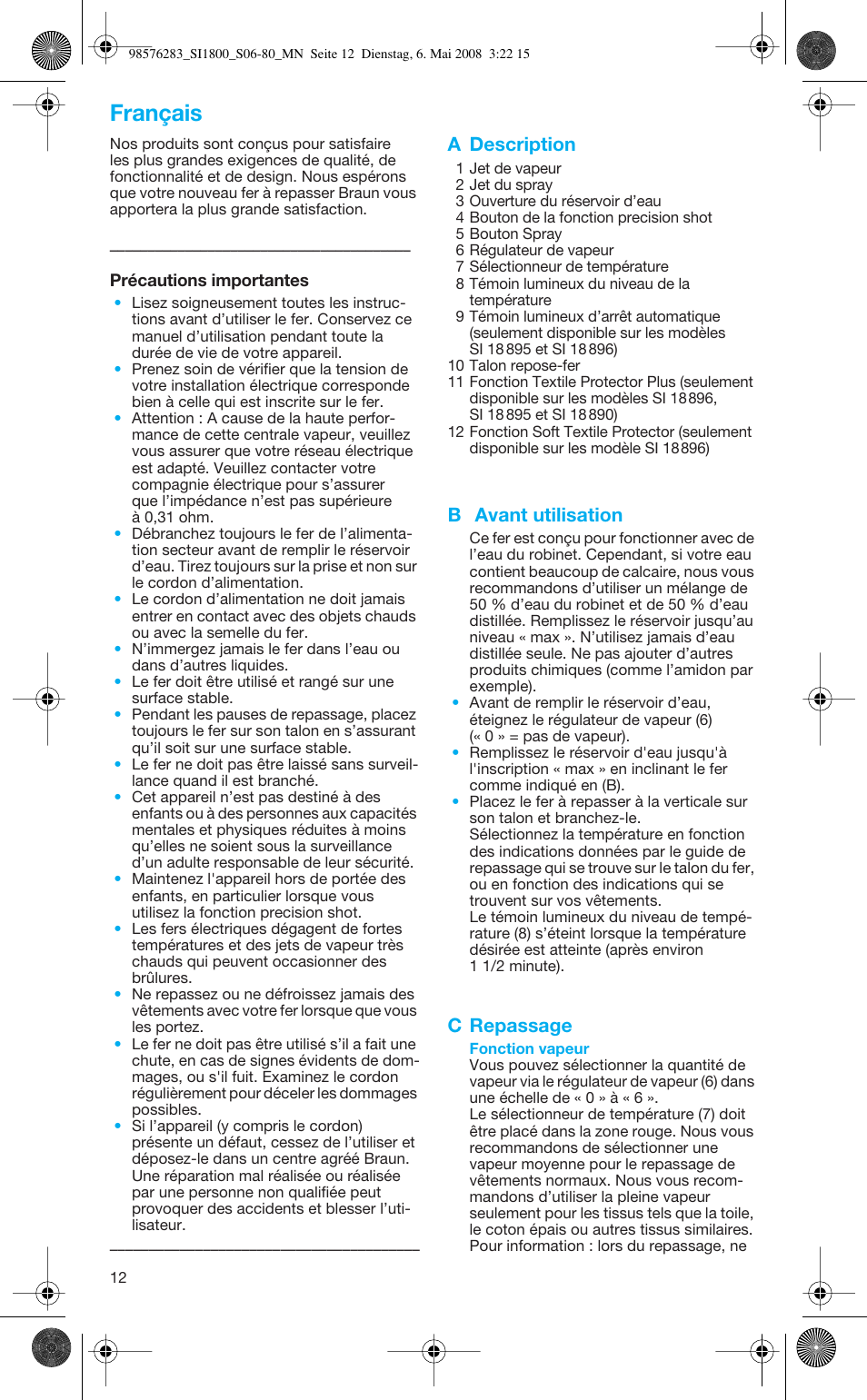 Français, A description, B avant utilisation | C repassage | Braun TexStyle SI 18.896 User Manual | Page 12 / 77