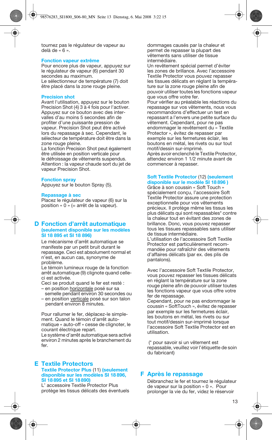 D fonction d’arrêt automatique, E textile protectors, F après le repassage | Braun TexStyle SI 18.896 User Manual | Page 13 / 77