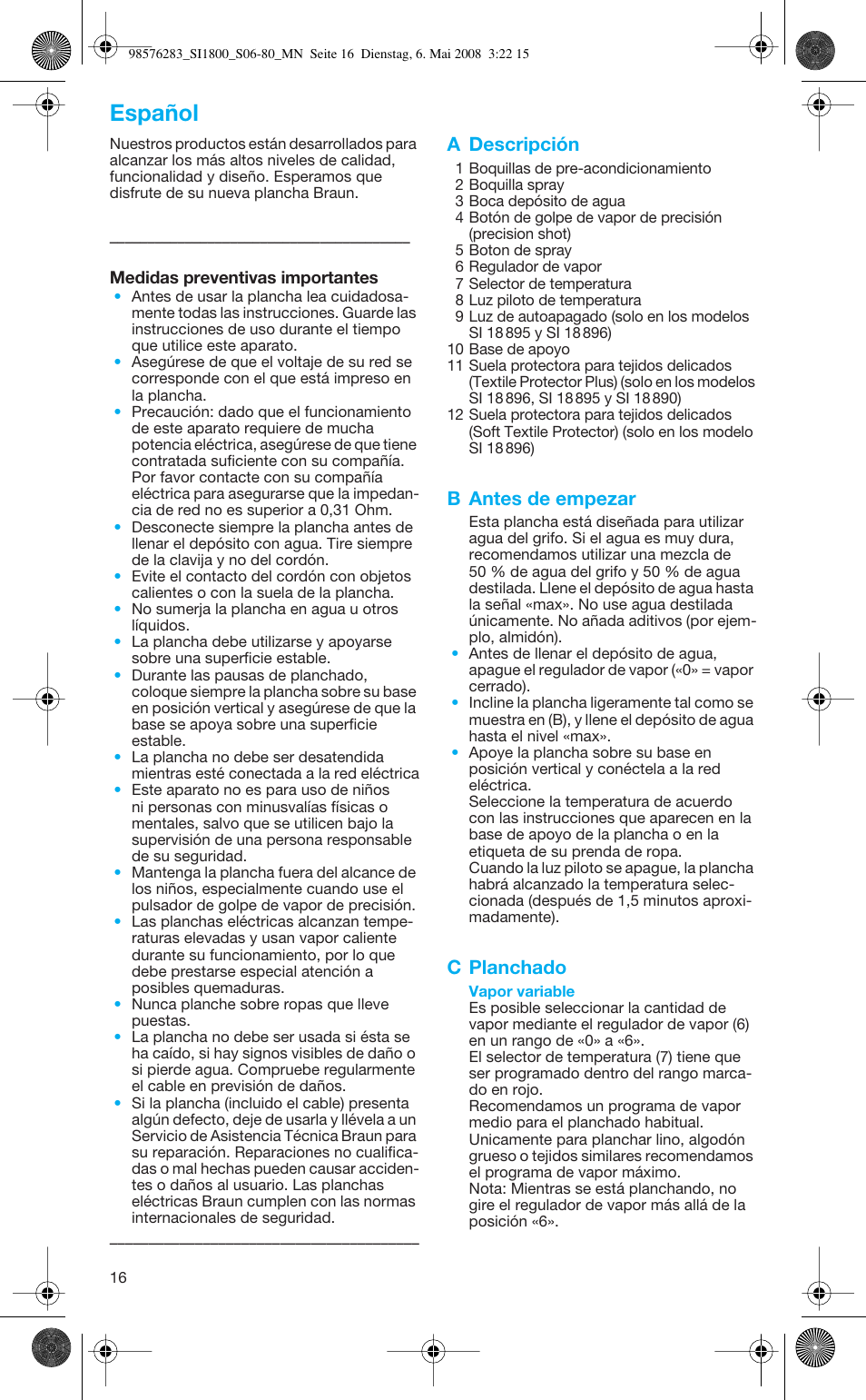 Español, A descripción, B antes de empezar | C planchado | Braun TexStyle SI 18.896 User Manual | Page 16 / 77