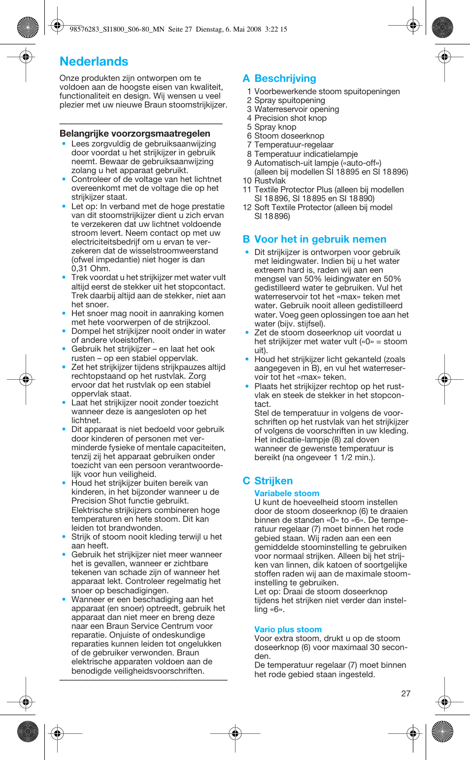 Nederlands, A beschrijving, B voor het in gebruik nemen | C strijken | Braun TexStyle SI 18.896 User Manual | Page 27 / 77