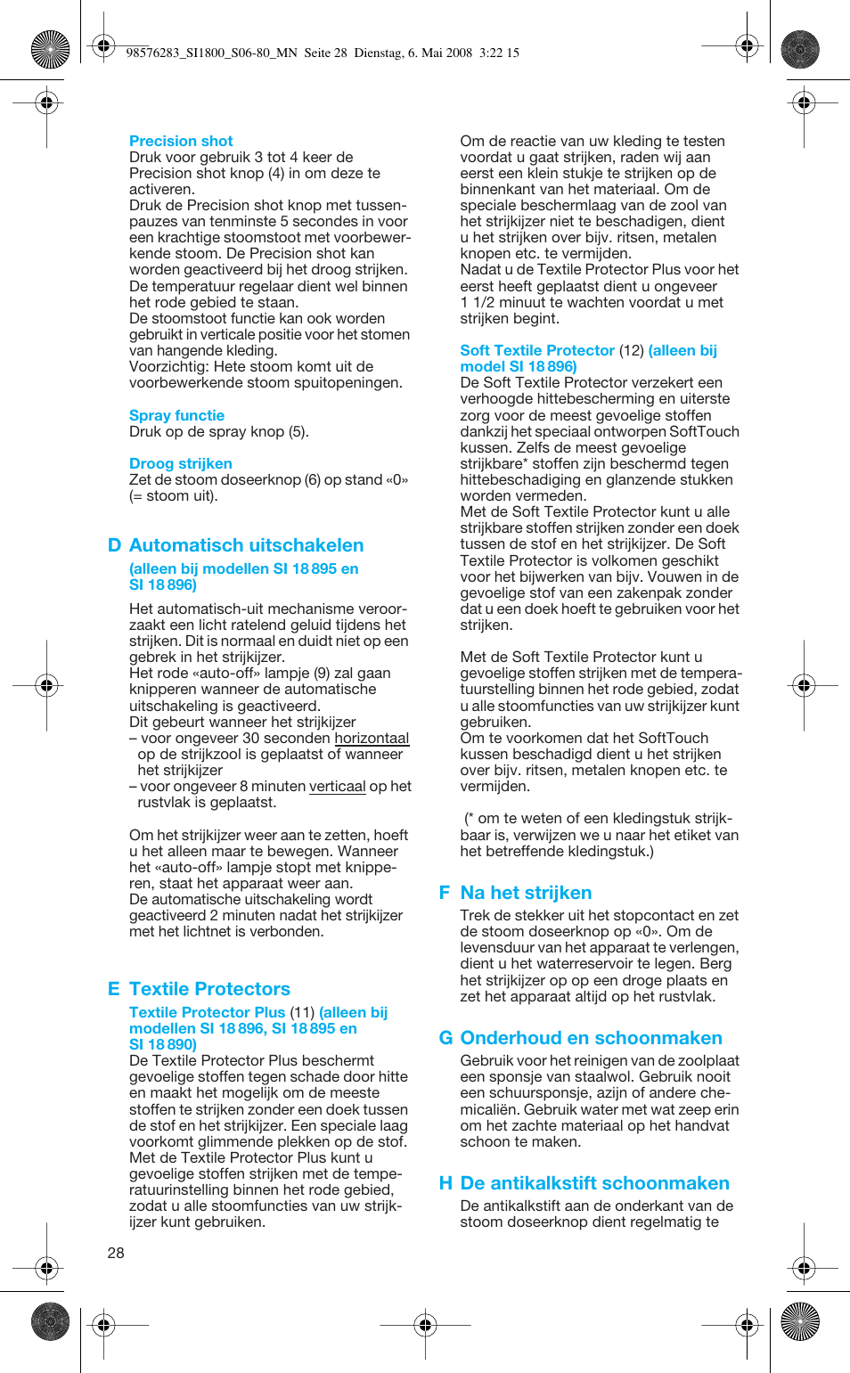 D automatisch uitschakelen, E textile protectors, F na het strijken | G onderhoud en schoonmaken, H de antikalkstift schoonmaken | Braun TexStyle SI 18.896 User Manual | Page 28 / 77