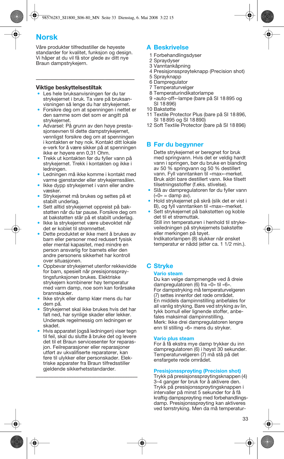 Norsk, A beskrivelse, B før du begynner | C stryke | Braun TexStyle SI 18.896 User Manual | Page 33 / 77