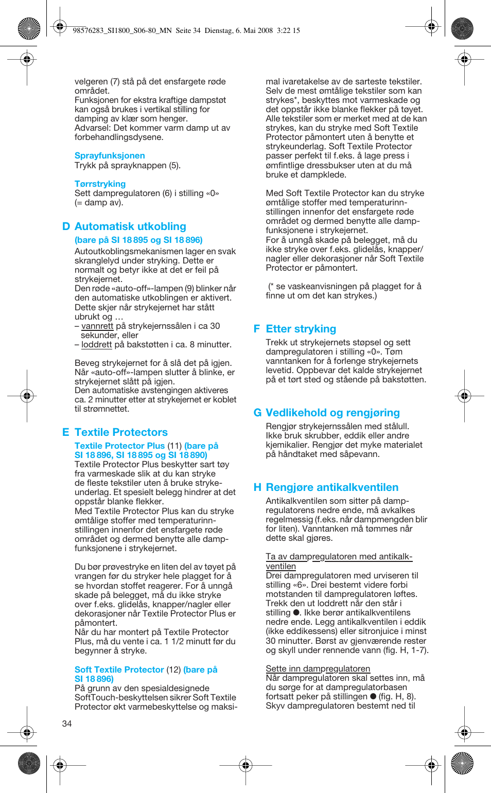 D automatisk utkobling, E textile protectors, F etter stryking | G vedlikehold og rengjøring, H rengjøre antikalkventilen | Braun TexStyle SI 18.896 User Manual | Page 34 / 77