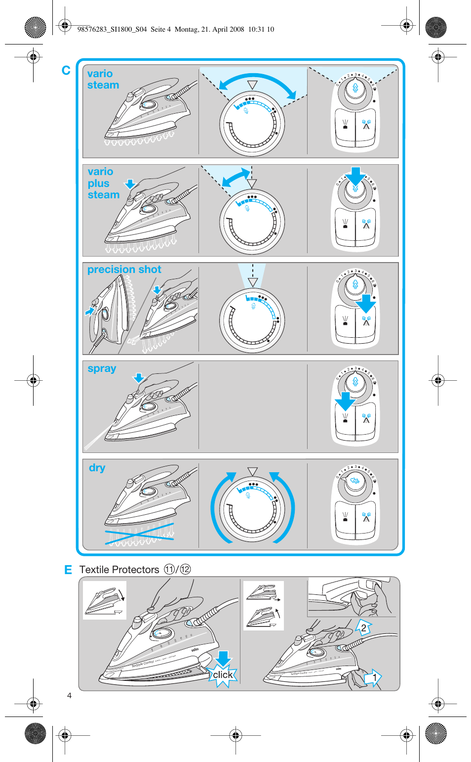 Vario steam vario plus steam spray dry, Precision shot, Textile protectors | P recision shot 120g/min | Braun TexStyle SI 18.896 User Manual | Page 4 / 77