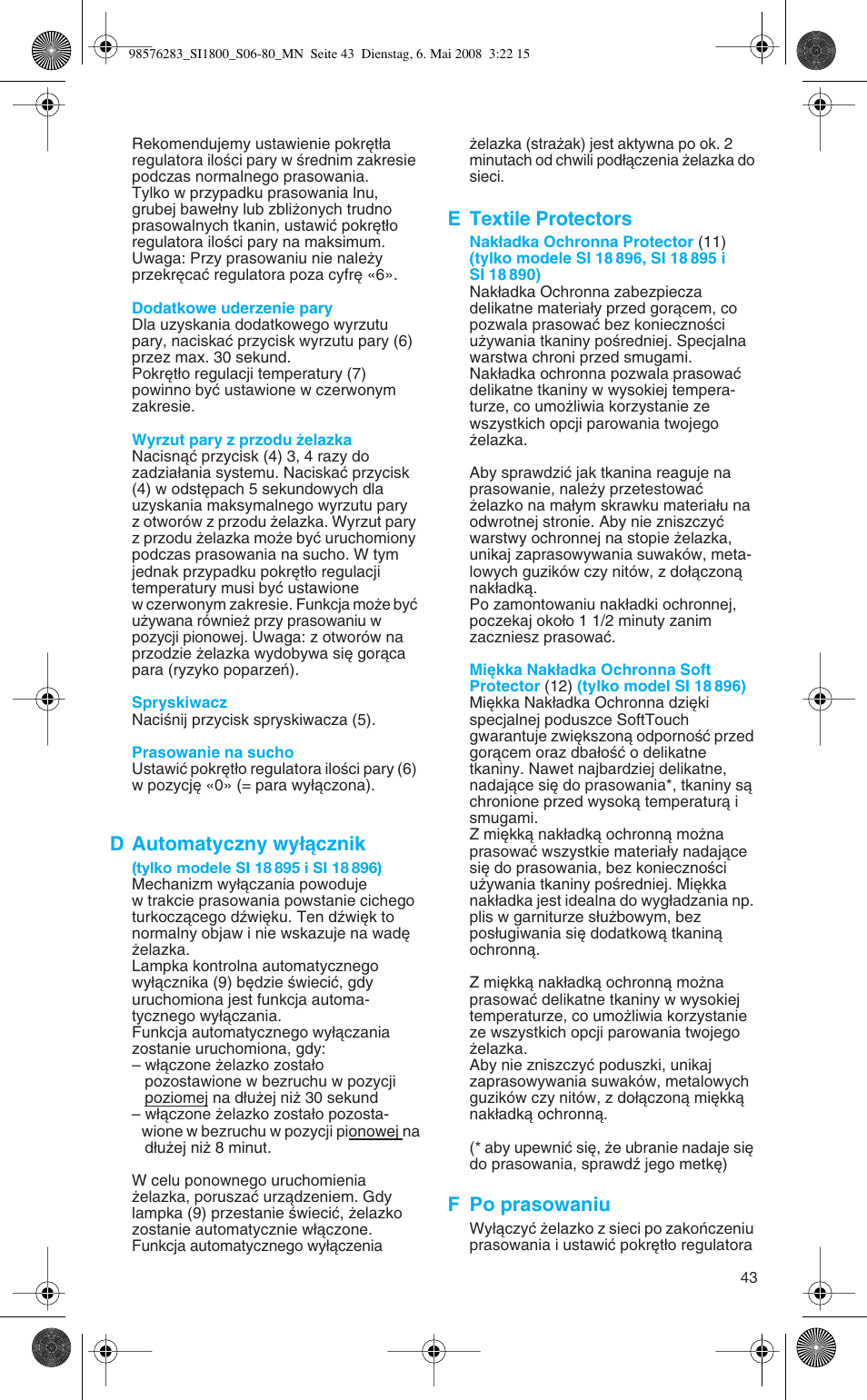 D automatyczny wy∏àcznik, E textile protectors, F po prasowaniu | Braun TexStyle SI 18.896 User Manual | Page 43 / 77