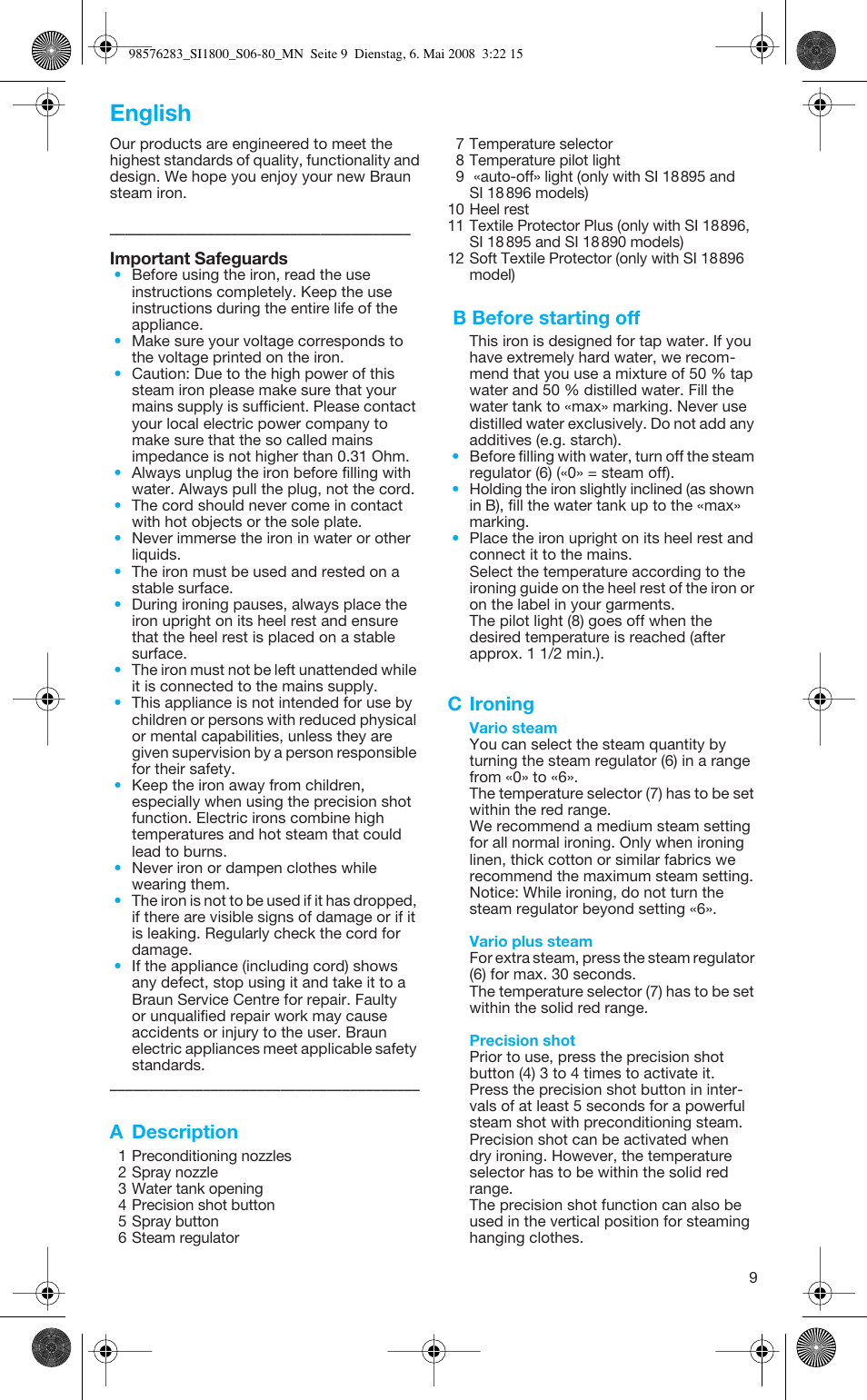 English, A description, B before starting off | C ironing | Braun TexStyle SI 18.896 User Manual | Page 9 / 77