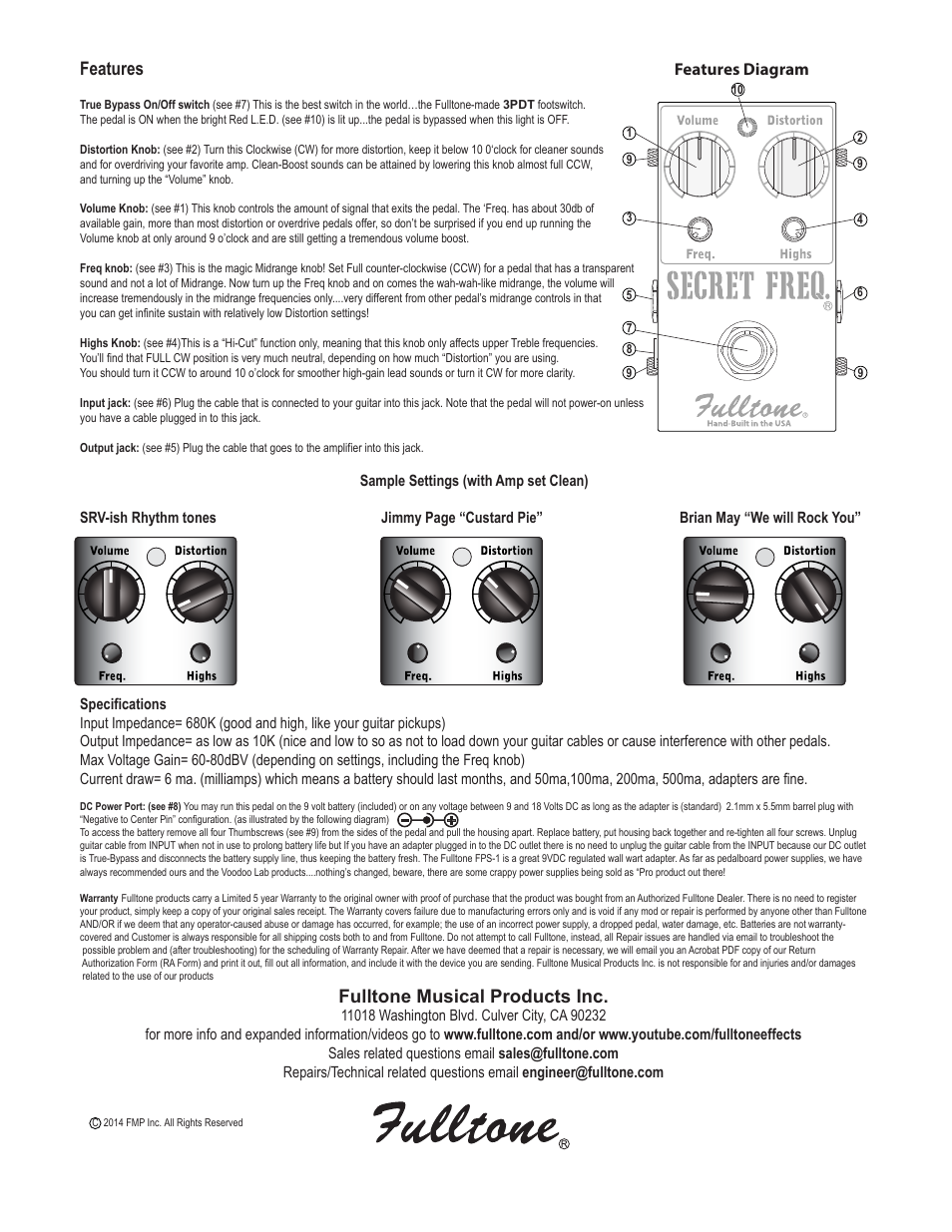 Features, Fulltone musical products inc, Features diagram | Fulltone Secret Freq User Manual | Page 2 / 2