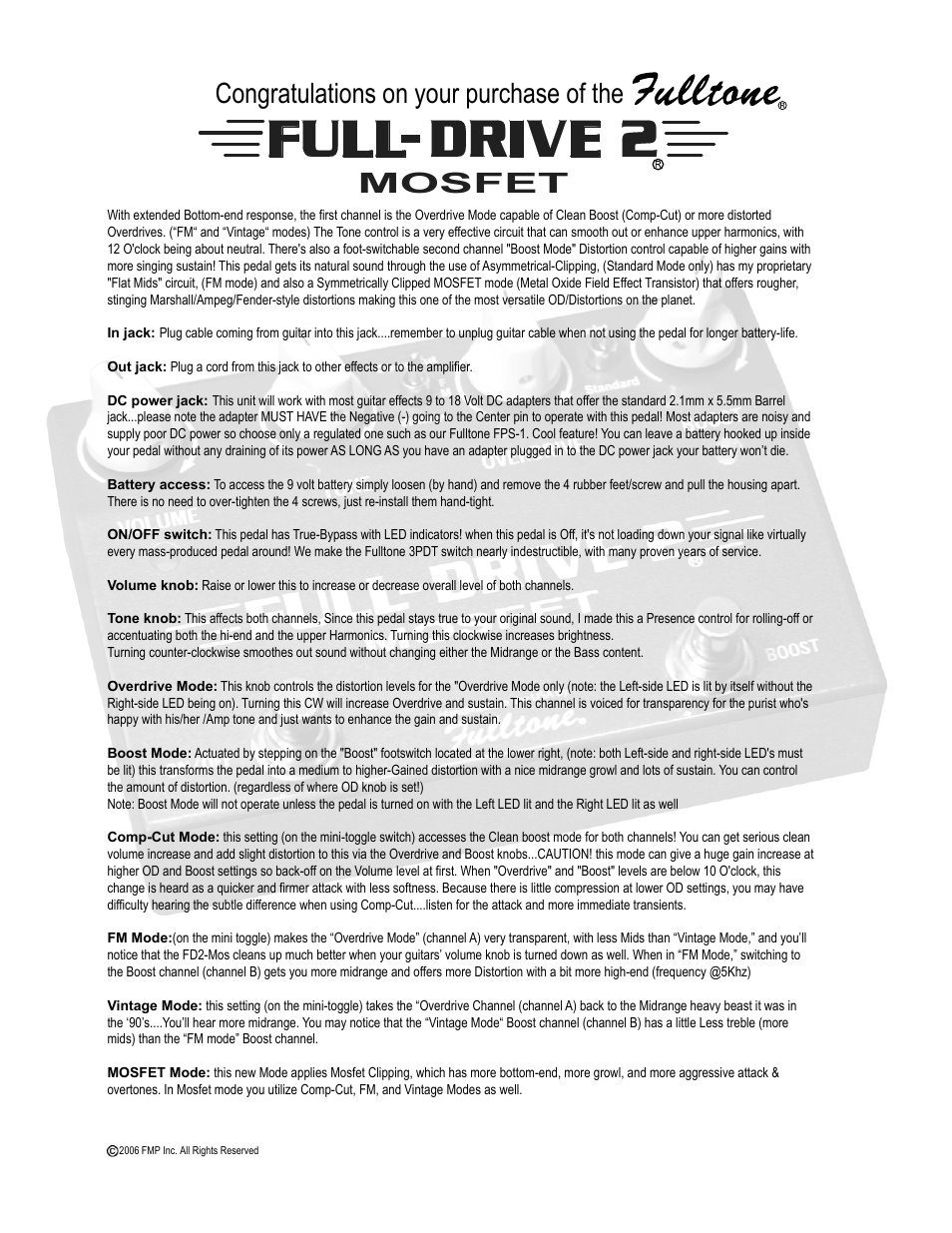 Fulltone FullDrive2-Mosfet User Manual | 2 pages