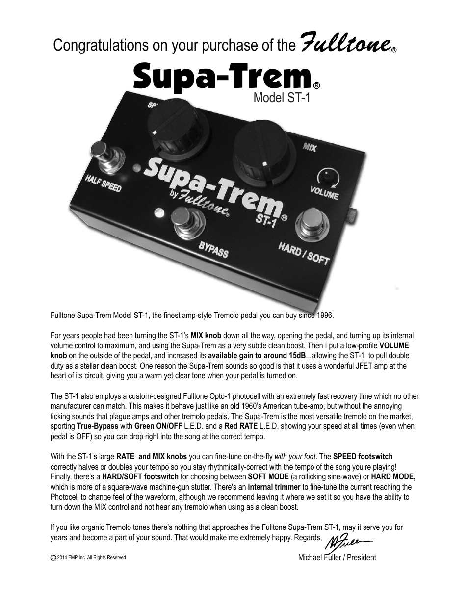 Fulltone Supa-Trem ST-1 User Manual | 2 pages