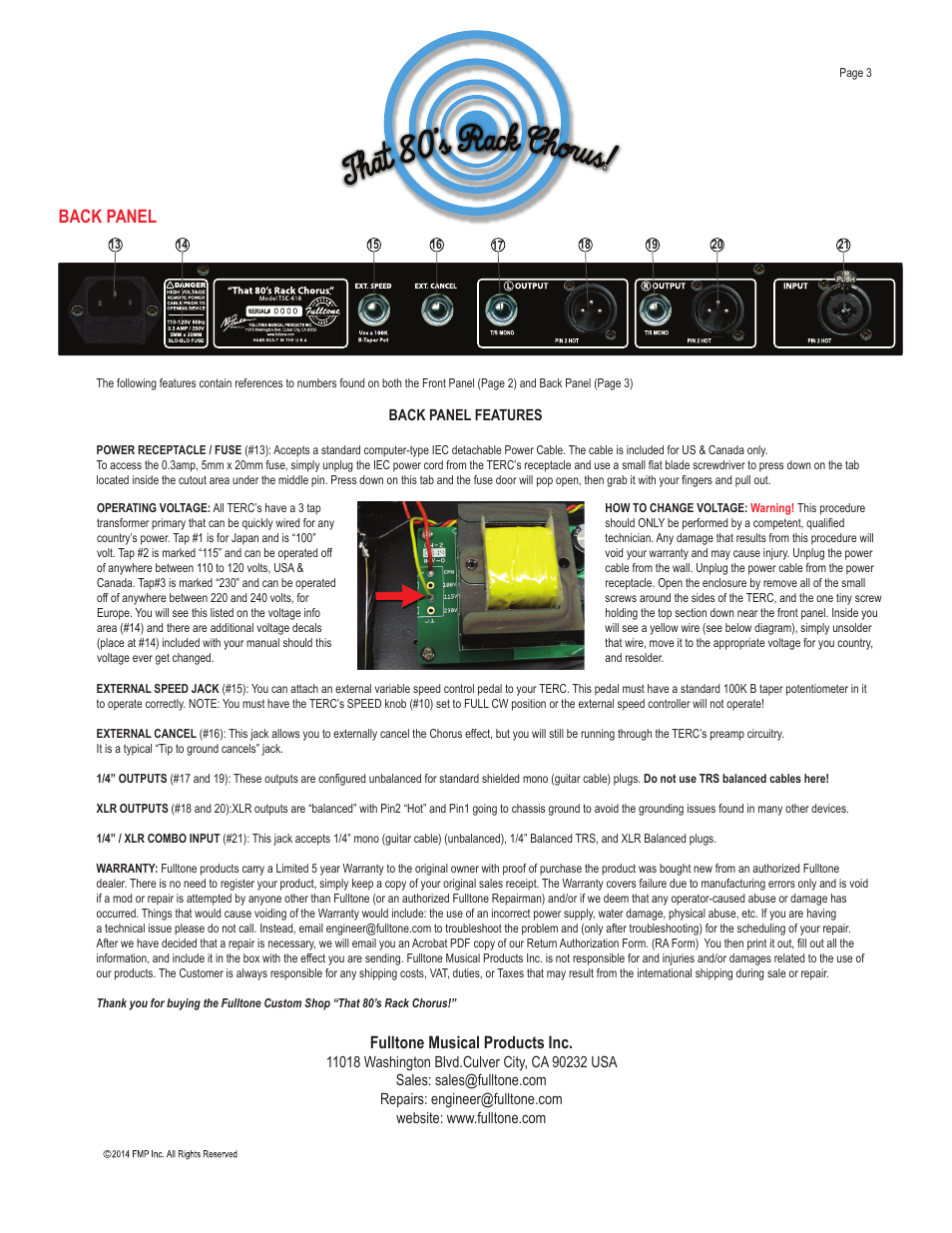 Back panel, Fulltone musical products inc | Fulltone TERC TSC-618 User Manual | Page 3 / 3