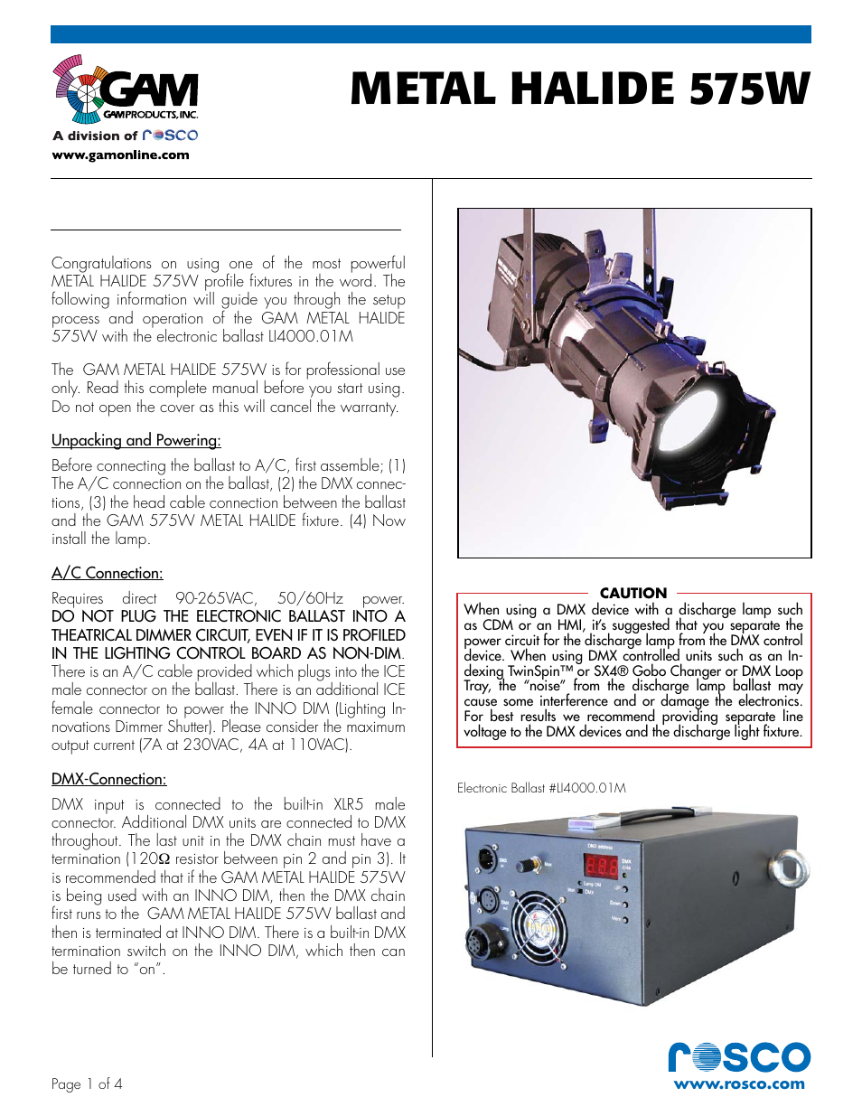 GAM METAL HALIDE 575W User Manual | 4 pages