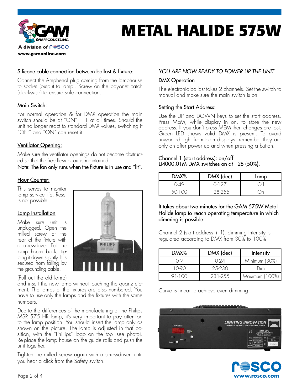 Metal halide 575w | GAM METAL HALIDE 575W User Manual | Page 2 / 4