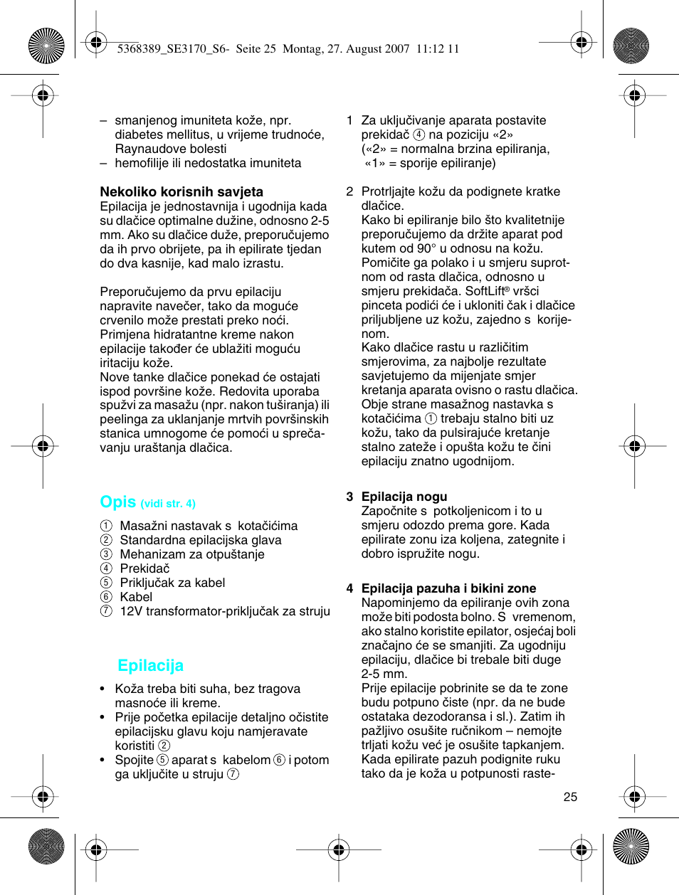 Opis, Epilacija | Braun 3270 User Manual | Page 24 / 63