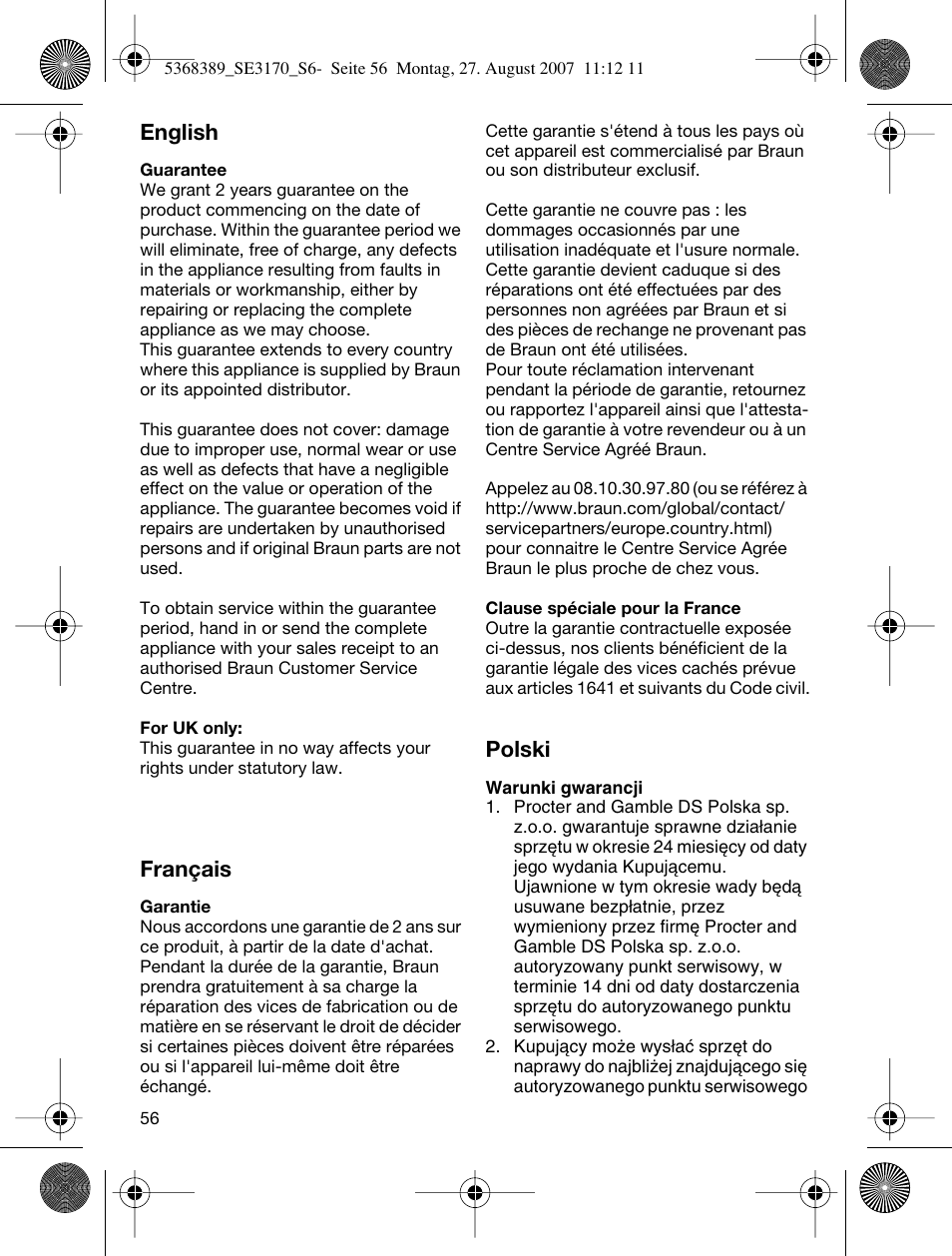 English, Français, Polski | Braun 3270 User Manual | Page 55 / 63