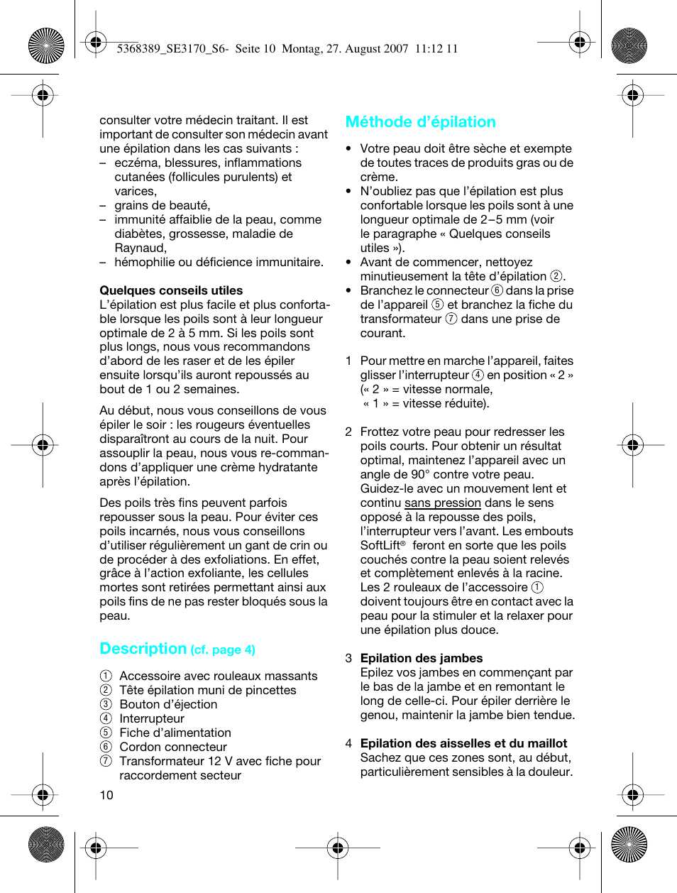 Description, Méthode d’épilation | Braun 3270 User Manual | Page 9 / 63