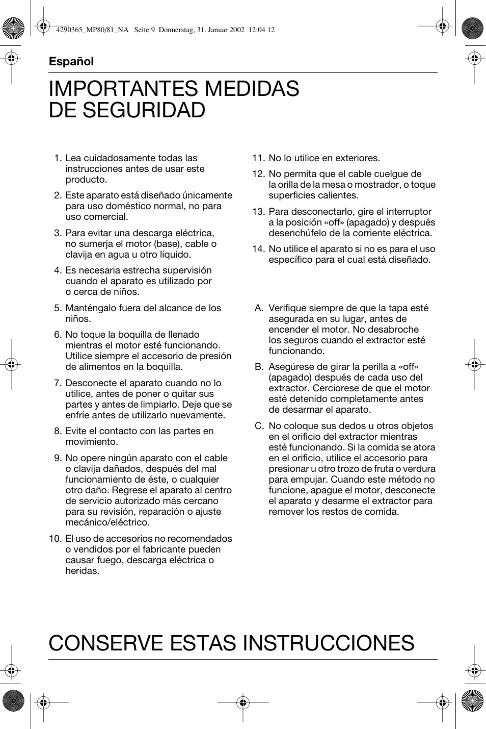 Español | Braun MP 80 User Manual | Page 10 / 14