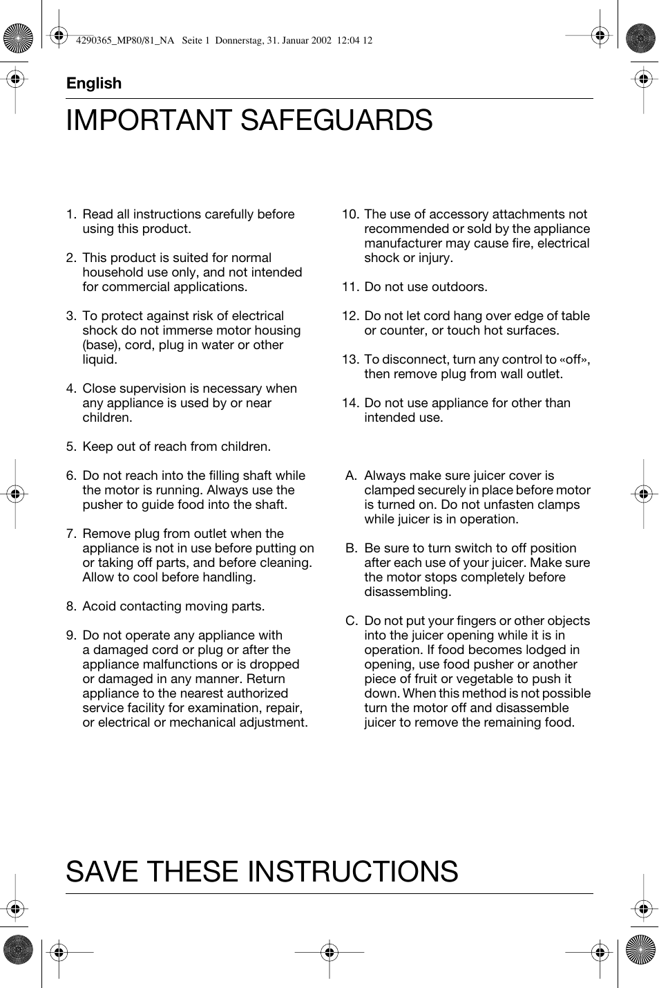 English, Save these instructions important safeguards | Braun MP 80 User Manual | Page 3 / 14