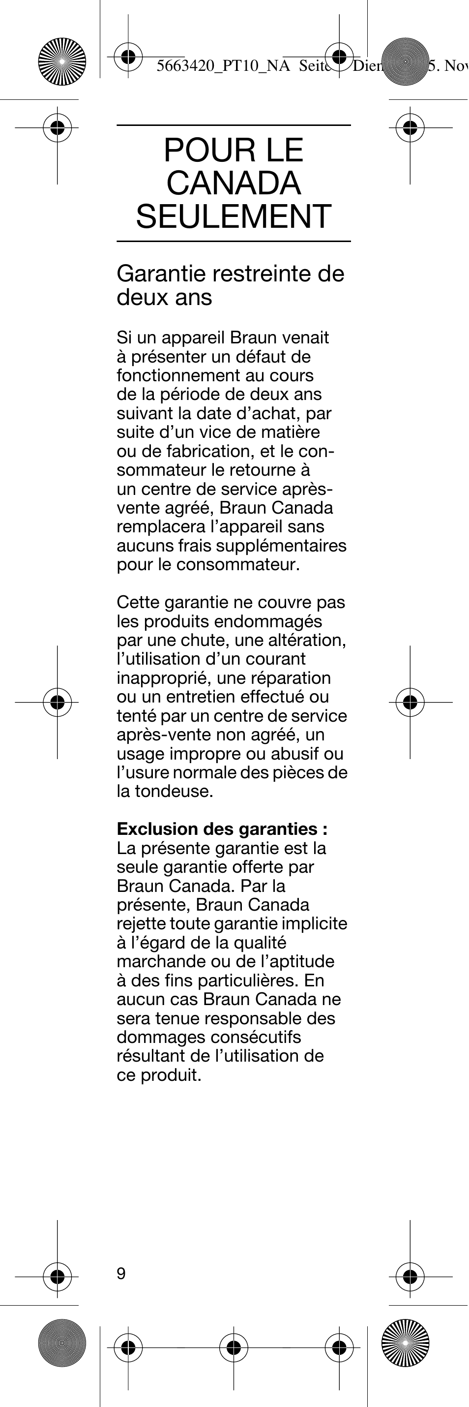 Pour le canada seulement | Braun PT10 User Manual | Page 9 / 12