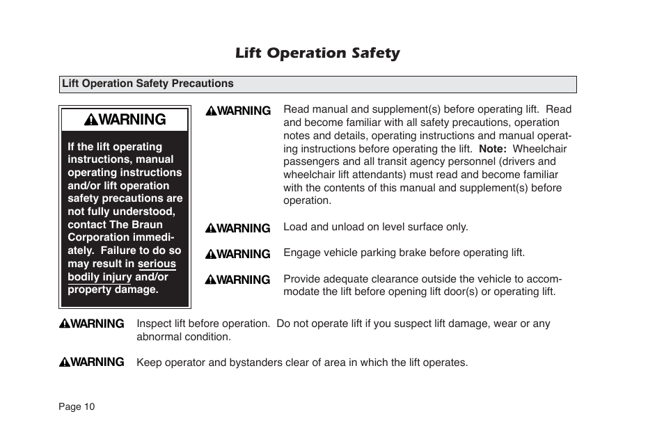 Lift operation safety, Warning | Braun NL955 User Manual | Page 12 / 55