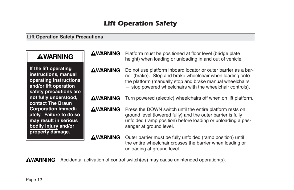 Lift operation safety, Warning | Braun NL955 User Manual | Page 14 / 55