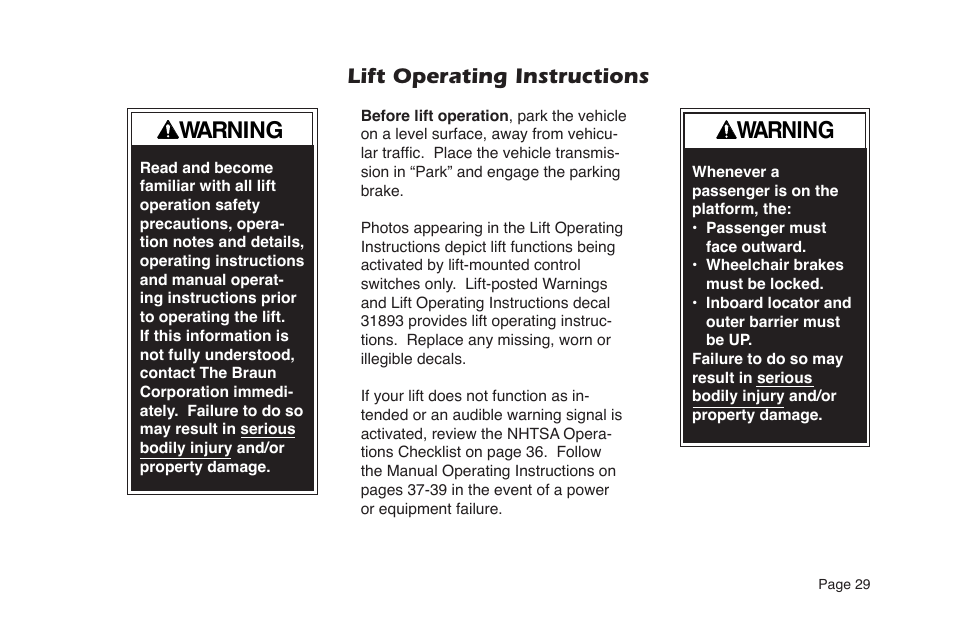 Warning, Lift operating instructions | Braun NL955 User Manual | Page 31 / 55