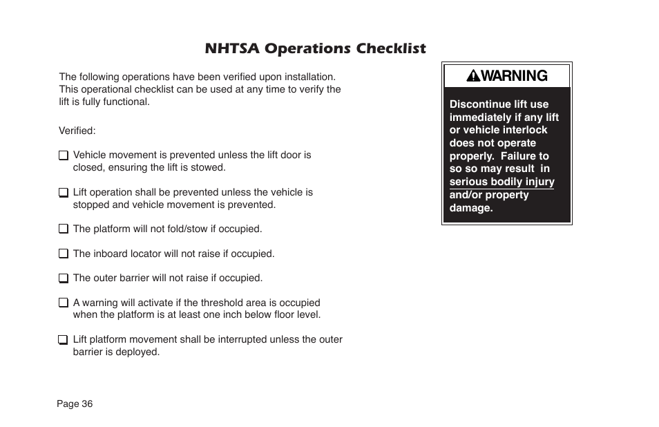 Nhtsa operations checklist warning | Braun NL955 User Manual | Page 38 / 55