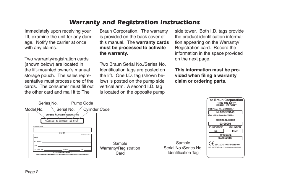 Warranty and registration instructions, Sample serial no./series no. identification tag, Page 2 | Braun NL955 User Manual | Page 4 / 55