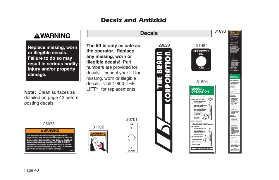 Warning, Decals and antiskid, Decals | For replacements, Arning, Manual operation | Braun NL955 User Manual | Page 42 / 55