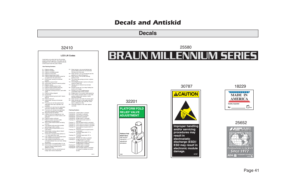 Decals and antiskid, Decals, Page 41 | Made in america, Platform fold relief valve adjustment | Braun NL955 User Manual | Page 43 / 55