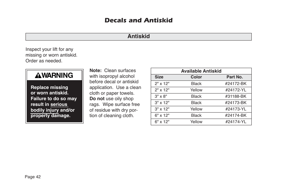 Warning, Decals and antiskid, Antiskid | Braun NL955 User Manual | Page 44 / 55