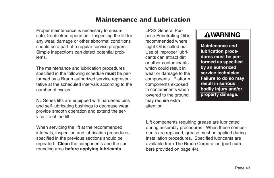 Warning, Maintenance and lubrication | Braun NL955 User Manual | Page 45 / 55