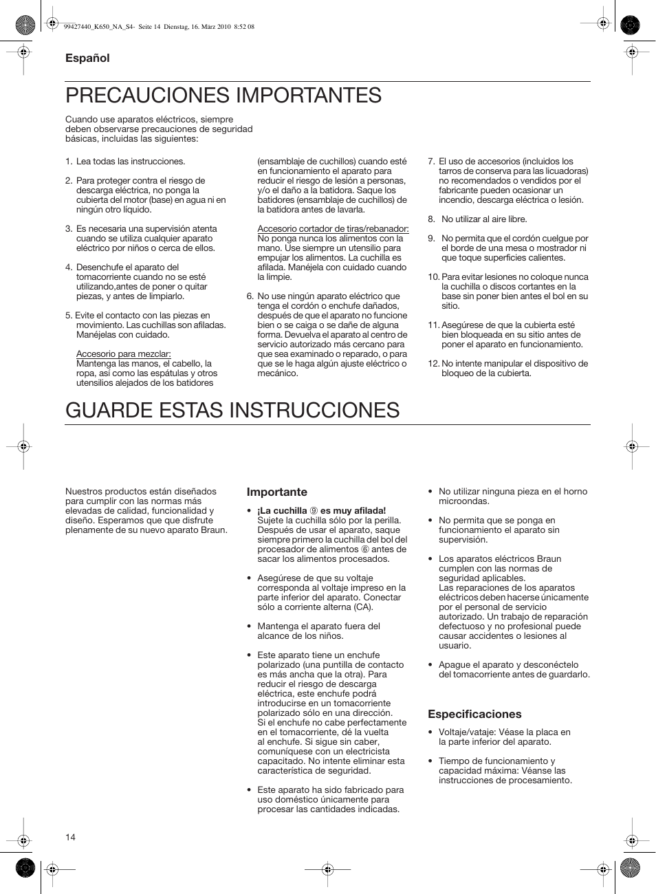 Precauciones importantes, Guarde estas instrucciones | Braun MULTIQUICK 3 K 600 User Manual | Page 14 / 18